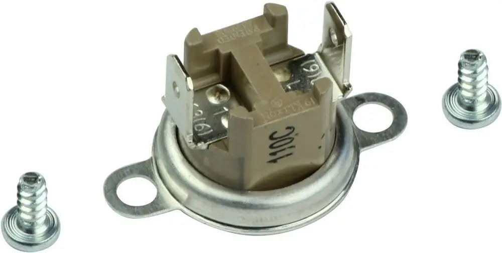 Temperaturbegrenzer von Bosch mit metallischem Gehäuse und Anschlussklemmen, inklusive zwei Schrauben für die Befestigung.